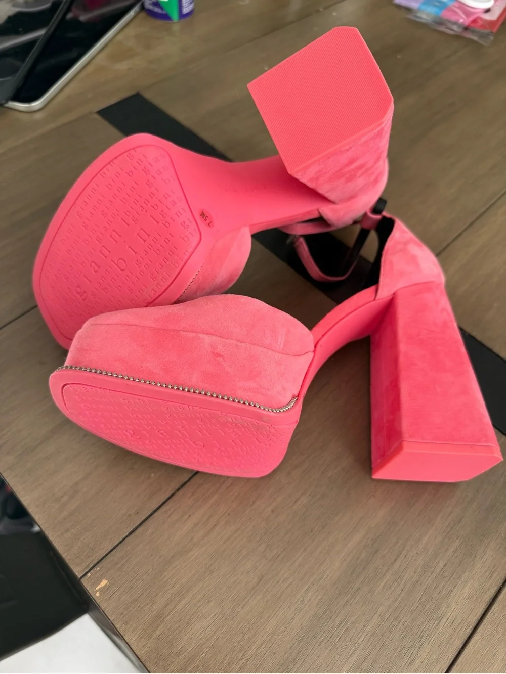 Gianni bini Pink Suede Platform Block Heel Sandals with Ankle Strap